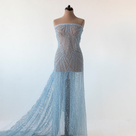 Dantela Bleu cu margele si paiete