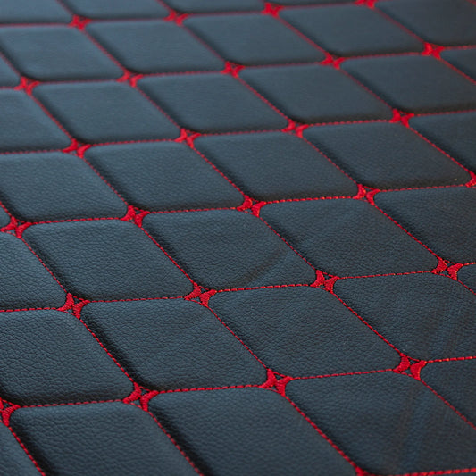 Piele ecologica neagra cu romburi si cusatura rosie pentru tapiterie auto