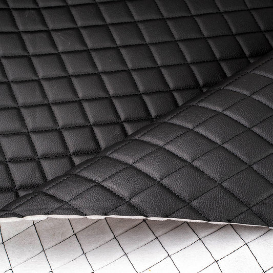 Piele ecologica neagra cu romburi si cusatura neagra pentru tapiterie auto