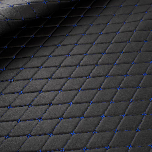 Piele ecologica neagra cu romburi si cusatura albastra pentru tapiterie auto