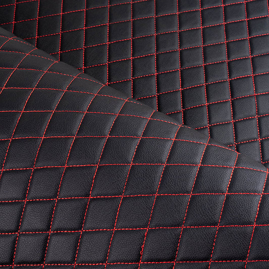 Piele ecologica neagra cu romburi si cusatura rosie pentru tapiterie auto