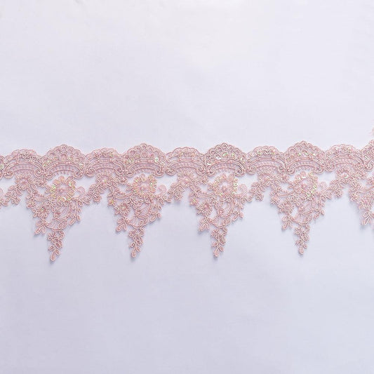 Banda decorativa din dantela cu flori si paiete - Roz