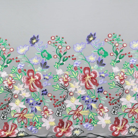 Dantela brodata - Negru cu flori multicolore