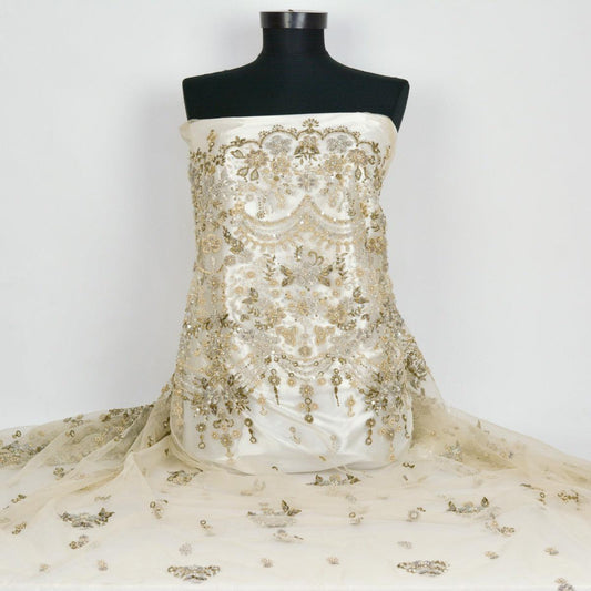 Dantela cu perle si paiete - Bej/Auriu