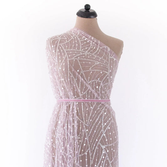 Dantela roz pal cu perle, margele si paiete - Texmag.ro