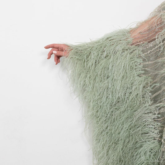 Dantela verde mint cu cristale si pene strut