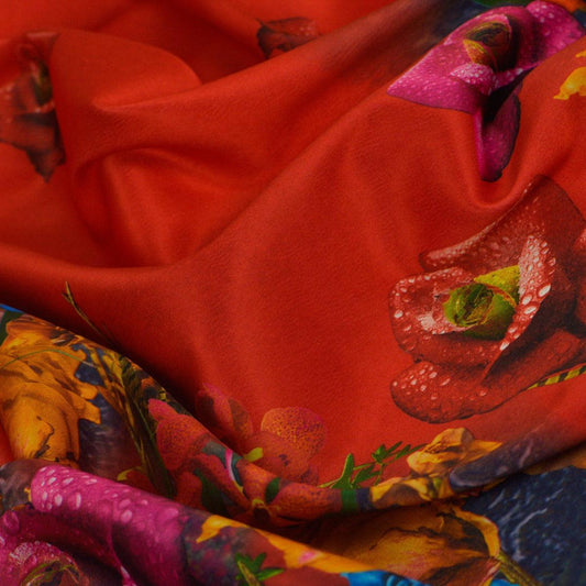 Tafta imprimata - Rosu cu flori