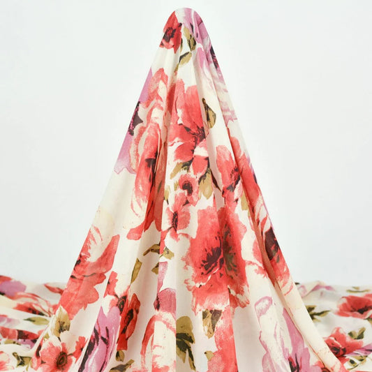 Voal Imprimat - Ivory cu bujori rosii