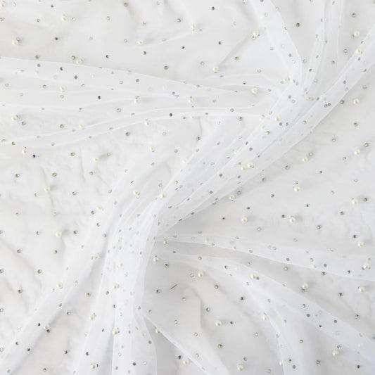 Tulle cu perle si strasuri Alb
