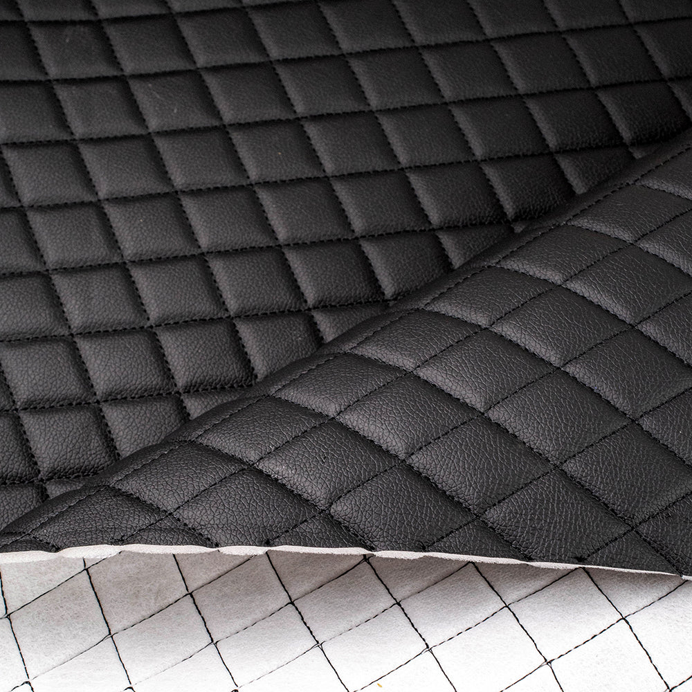 Piele ecologica neagra cu romburi si cusatura neagra pentru tapiterie auto