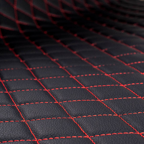 Piele ecologica neagra cu romburi si cusatura rosie pentru tapiterie auto