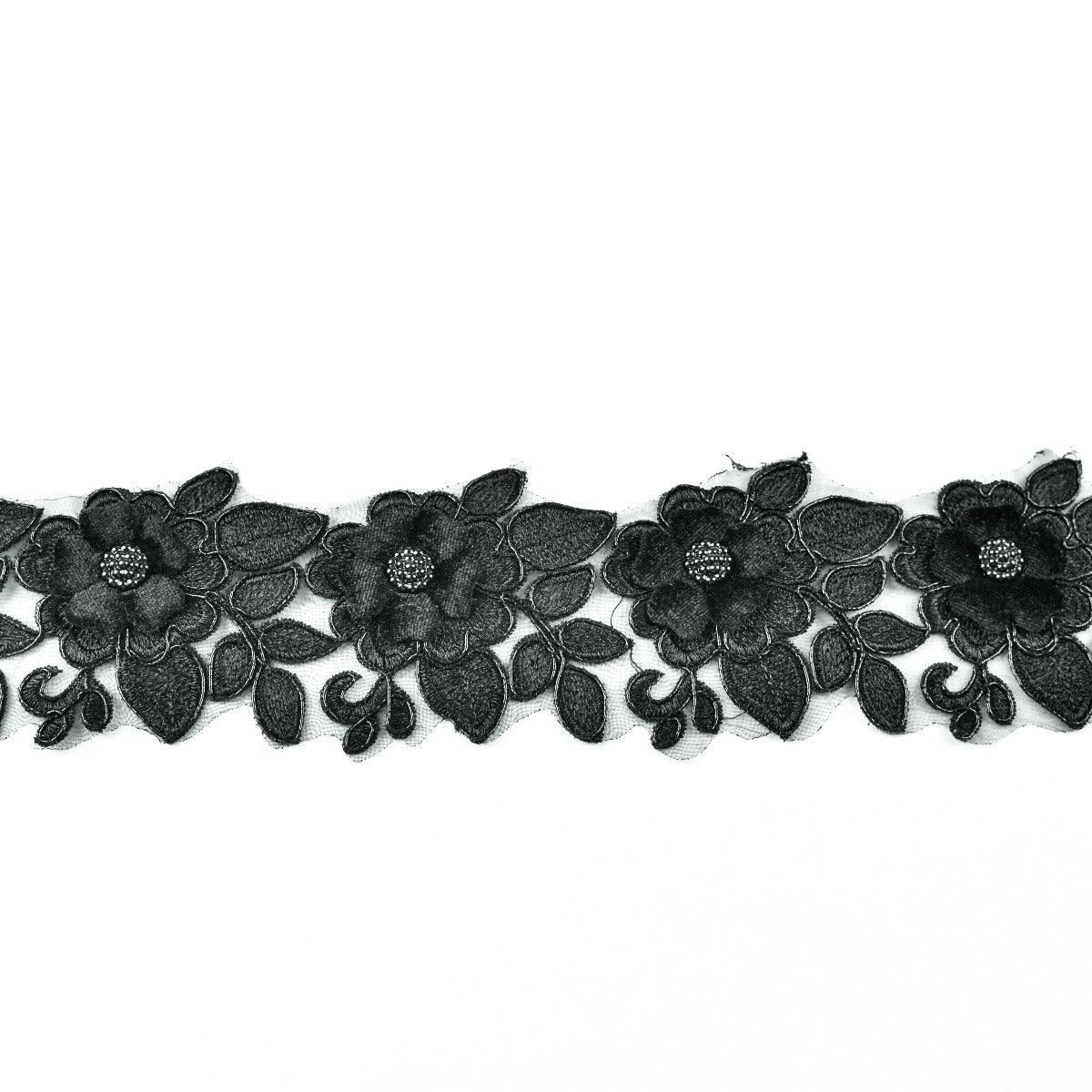 Banda decorativa din dantela cu flori si strasuri - Negru