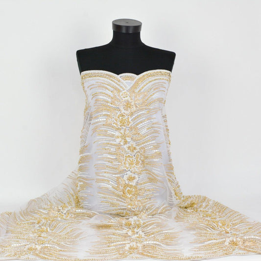 Dantela cu margele - Alb cu Auriu