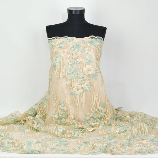 Dantela cu margele si paiete - Crem si menta