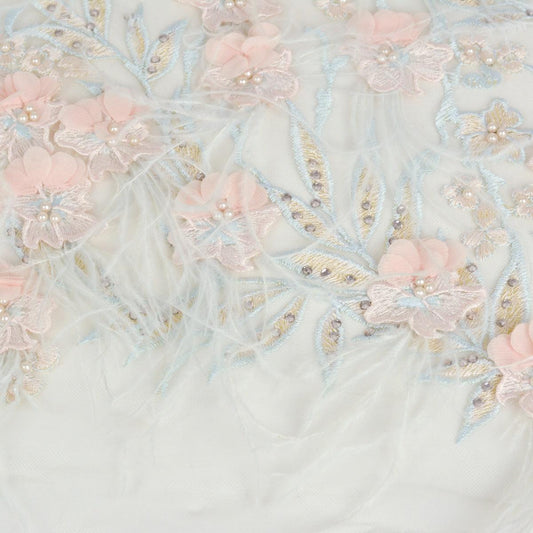 Dantela cu pietre - Bleu si somon cu pene