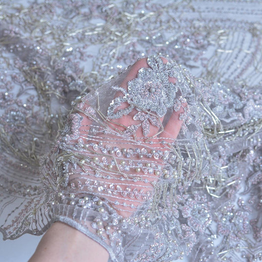 Dantela cu perle si paiete 3D - Lila