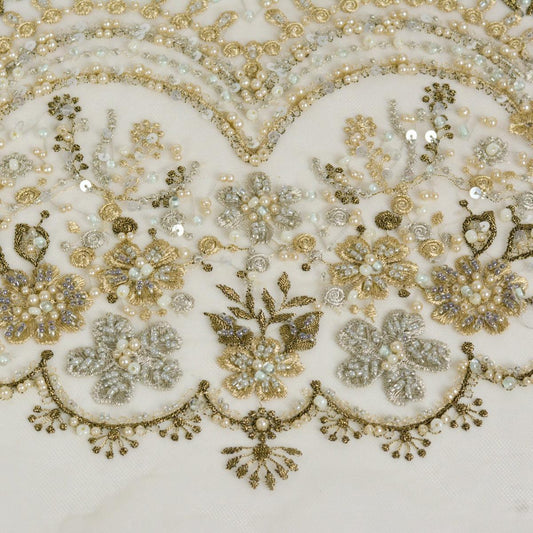 Dantela cu perle si paiete - Bej/Auriu