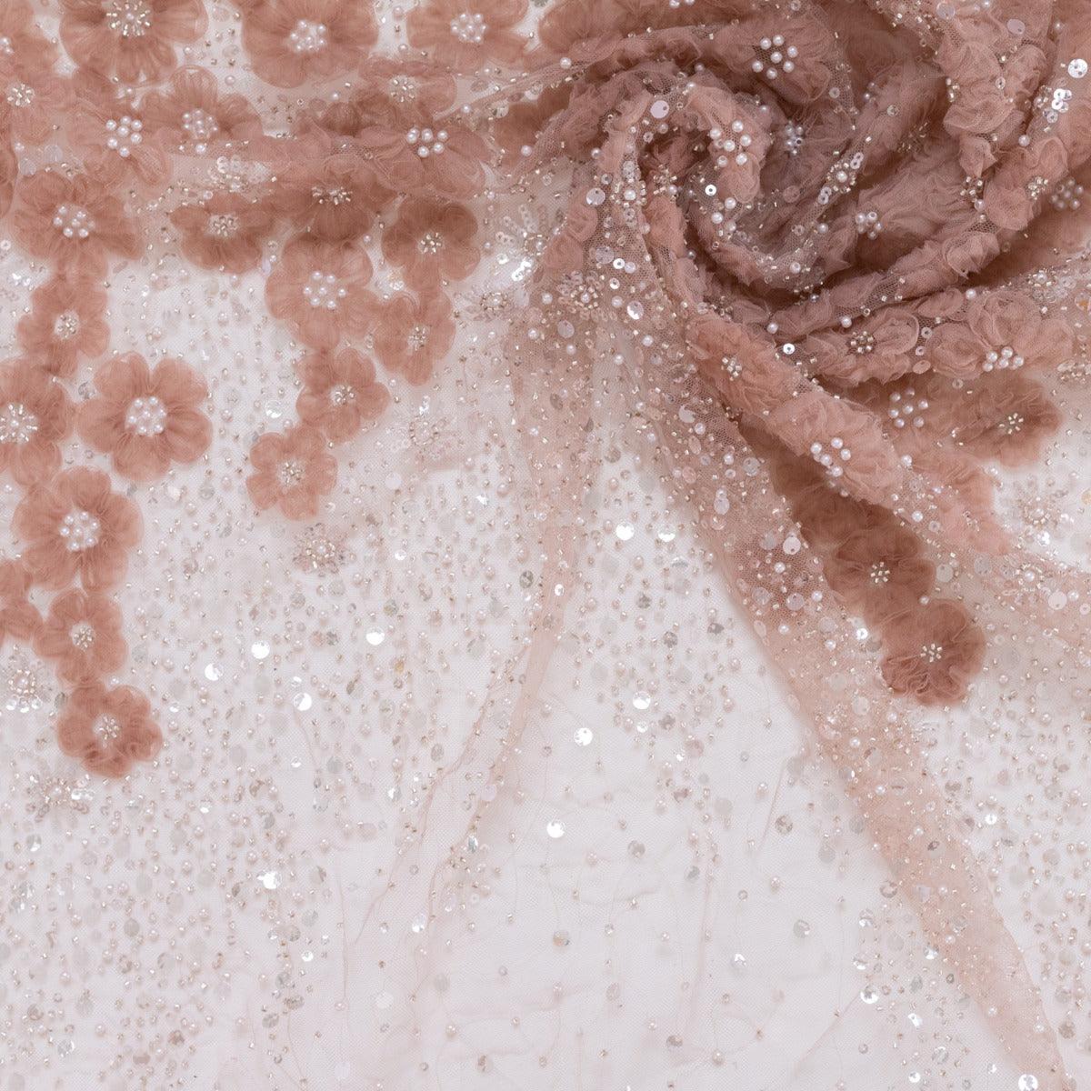 Dantela roz prafuit cu flori 3d paiete, perle si margele