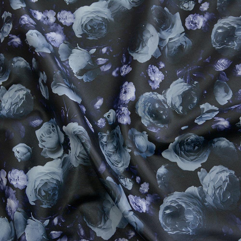Piele ecologica imprimata - Negru cu flori albastre