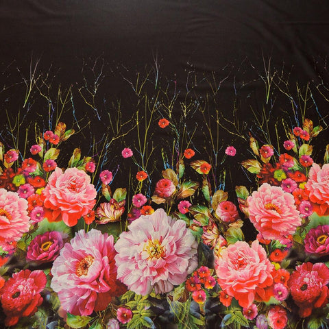 Tafta imprimata - Negru cu flori mari roz
