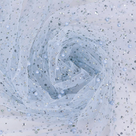 Tulle cu perle si strasuri - Bleu Gri