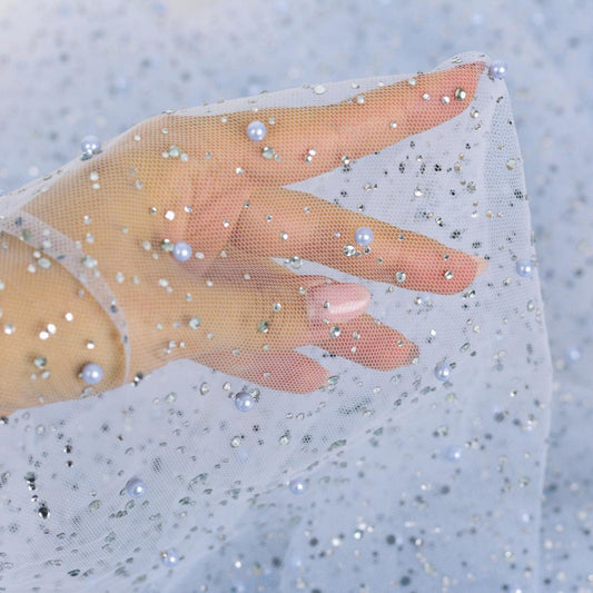 Tulle cu perle si strasuri - Bleu Gri